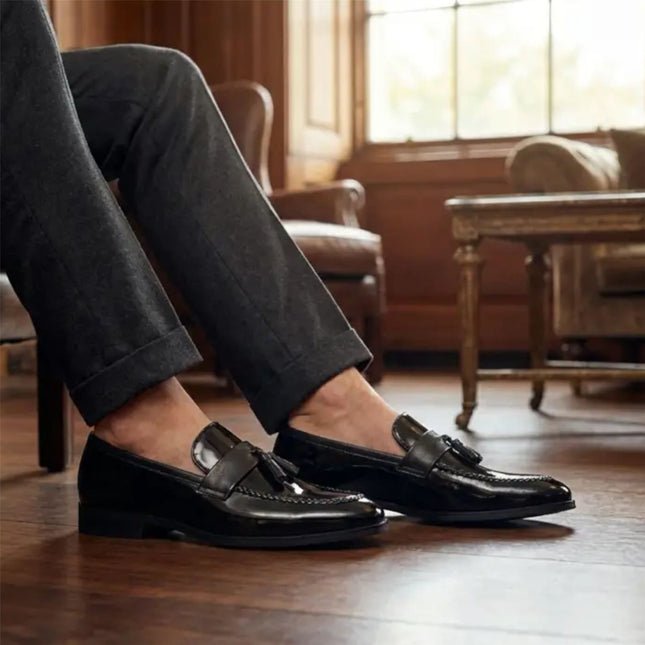 Mens Black Tassel High-Gloss Patent Faux Leather Formal Loafers Shoes