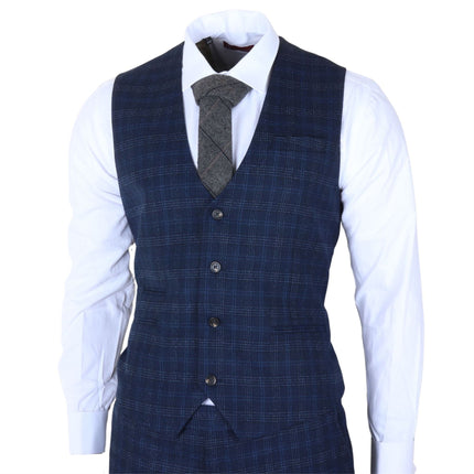 Men's Navy Blue Plain Check 3 Piece Suit Slim Fit Formal Suit