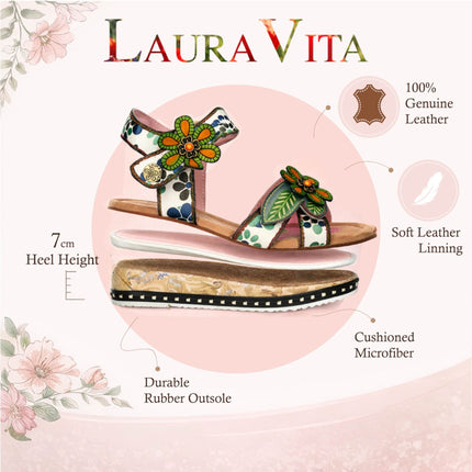 Laura Vita Women's Ballon 08 Beige Floral Leather Wedge Espadrille Sandals