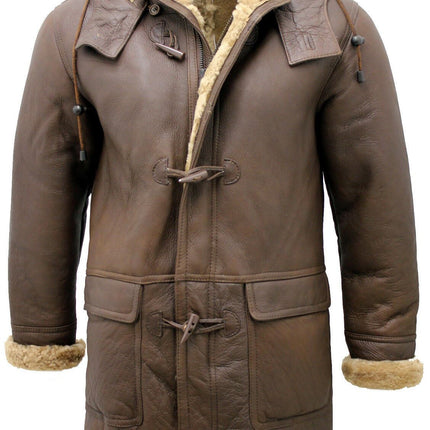 Mens Sheepskin Leather Hooded Duffle Coat-Hanko