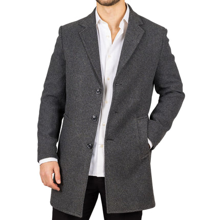 Men's Notched Lapel Collar Wool Blend Grey Overcoat
