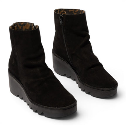 Fly London Women’s Black Suede Leather Wedge Heel Platform Ankle Boots - BAAN538