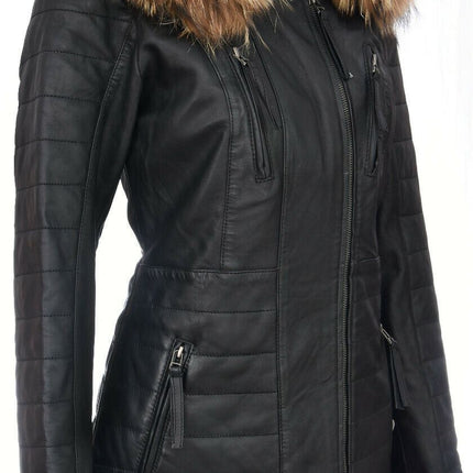 Womens Slim Fit Leather Hooded Parka Jacket-Northam