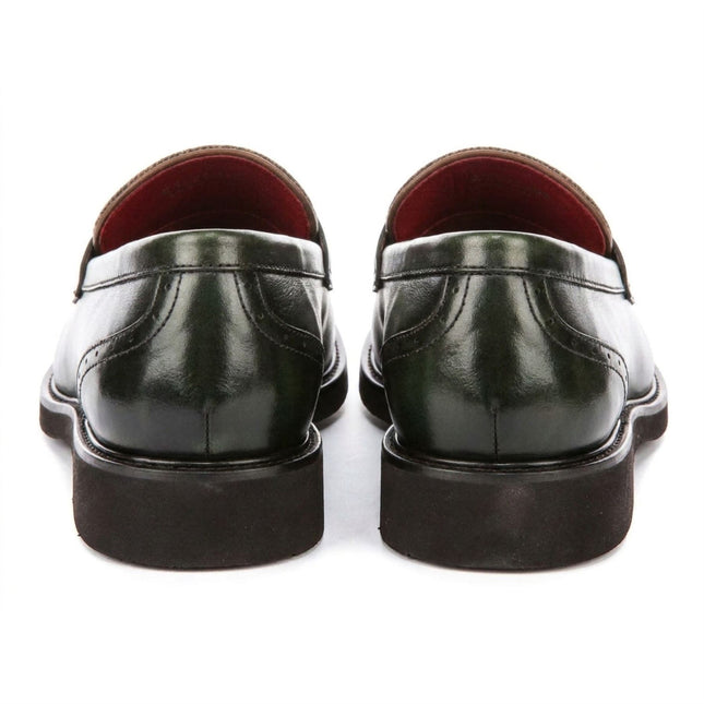 Justin Reess Men's Green Leather Herringbone Tweed Loafer Shoes - Tristian