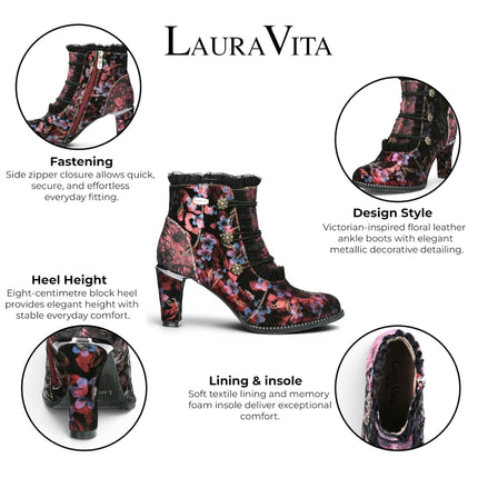 Laura Vita Floral Womens Victorian Red Leather Heel Ankle Boots - Alcbaneo-130