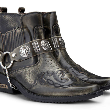 Mens Olive Snakeskin Winklepicker Cowboy Leather Ankle Boots