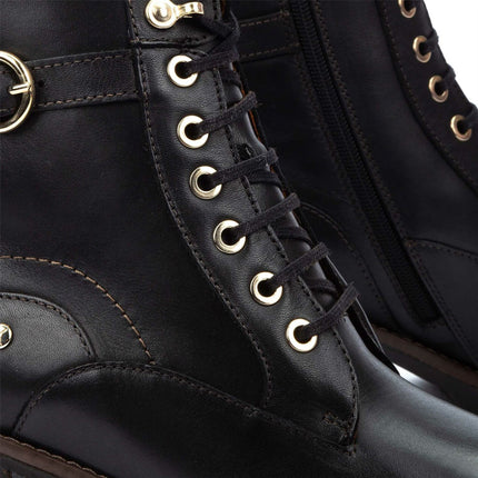 Pikolinos Women’s Black Leather Mid-Heel Combat Ankle Boots - Llanes