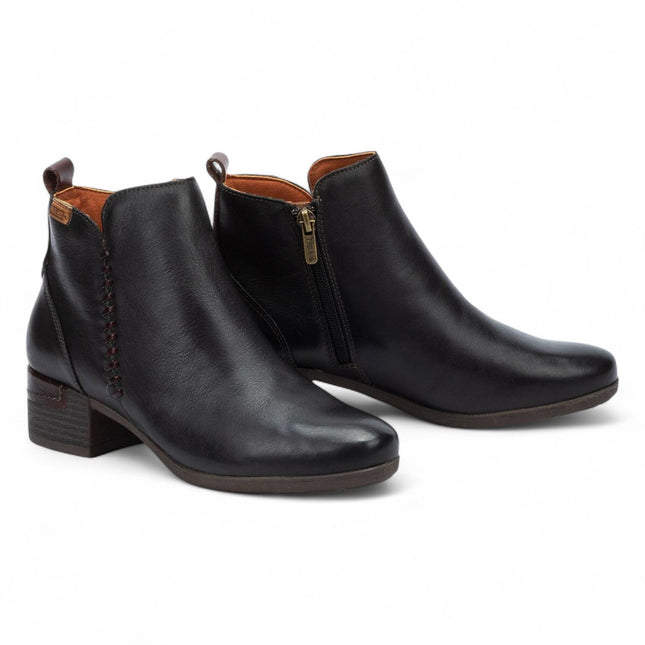 Pikolinos Women’s Black Leather Zip Heel Ankle Boots - Malaga