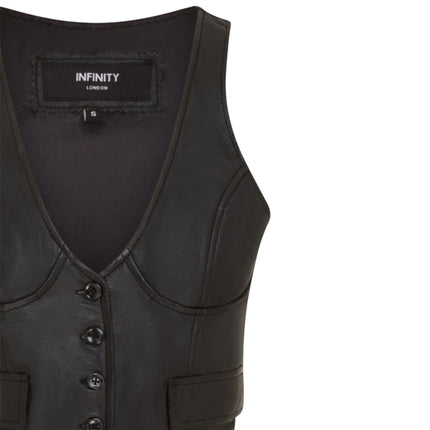 Womens Black Leather Waistcoat Biker Vest - MAM-WC
