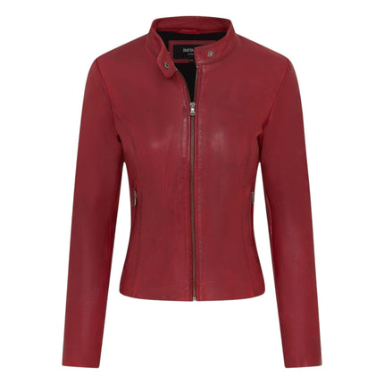 Womens Red Leather Stand Collar Racer Biker Jacket - 181