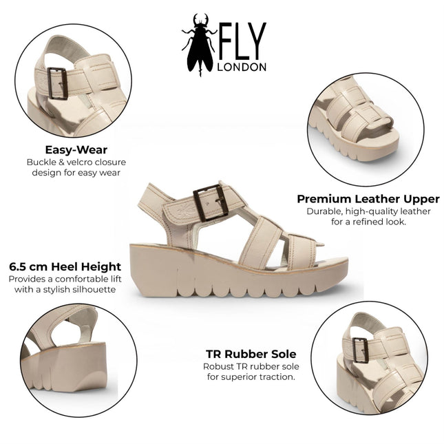 Fly London Women's YUDD236FLY Off White Leather Wedge Sandals