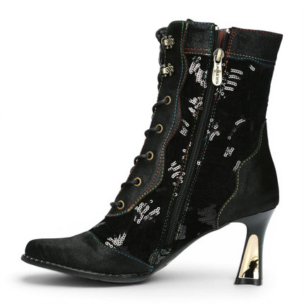 Laura Vita Women's Gothic Victorian Black Leather Heeled Lace-Up Boots - Oanelo-03