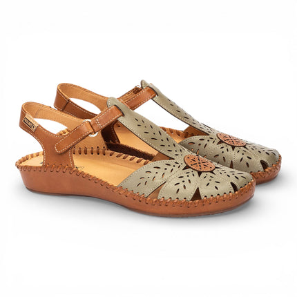 Pikolinos Women’s Tan Green Leather Cushioned Wedge Sandal Shoes - P-Vallarta