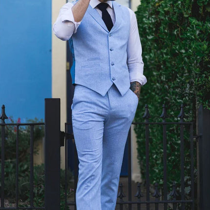 Men's Summer 2 Piece Suit Linen Formal Blue Waistcoat Trousers