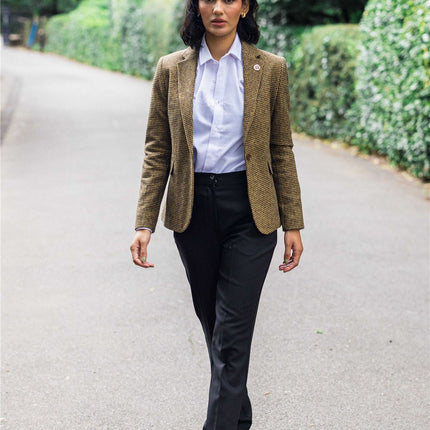 Women's Tailored Brown Dogtooth Wool Blend Tweed Blazer