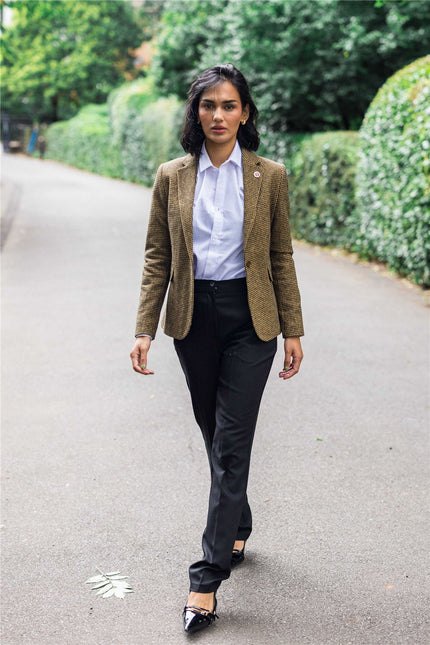 Women's Tailored Brown Dogtooth Wool Blend Tweed Blazer