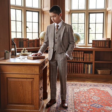 Boys Brown Tailored Fit Tweed 3 Piece Formal Suit - Harris