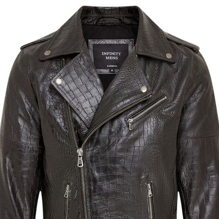 Mens Black Cow Leather Alligator Print Embossed Biker Jacket - Rot
