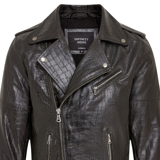 Mens Black Cow Leather Alligator Print Embossed Biker Jacket - Rot