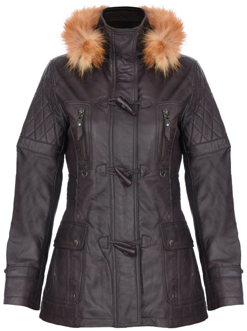 Womens Quilted Leather Parka Jacket-Brussels