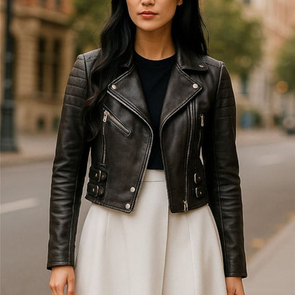 Womens Cropped Brando Leather Biker Jacket-Damascus