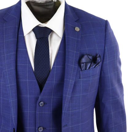 Mens 3 Piece Royal Blue Check Vintage Retro Suit