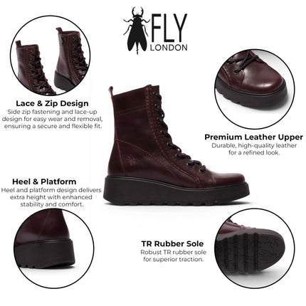 Fly London Womens Wine Leather Lace-Up Wedge Heel Combat Boots - TERY554