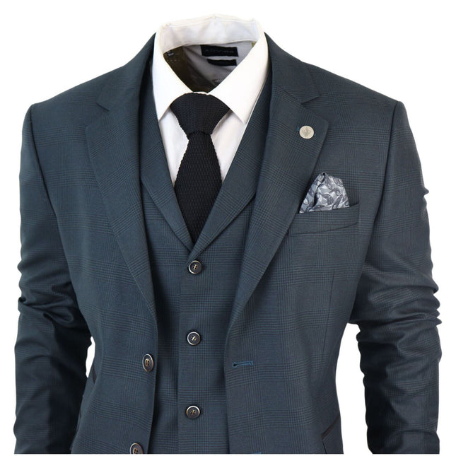 Men's 3 Piece Olive Prince Of Wales Check Suit