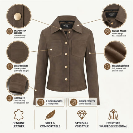 Womens Taupe Brown Leather Shacket Collar Jacket - Lofar