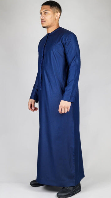 Men's Navy Blue Thobe Emirati Islamic Jubba Robe Eid Tassel Regular Fit