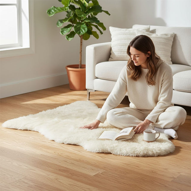 Genuine Cream Linen Sheepskin Natural Silky Soft Fluffy Real Wool Rug