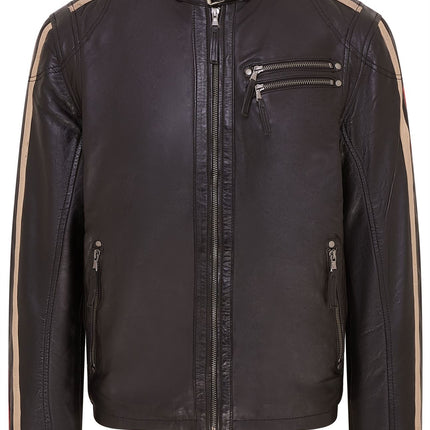 Mens Black Cafe Racer Striped Leather Jacket Vintage Biker Motorcycle Jacket