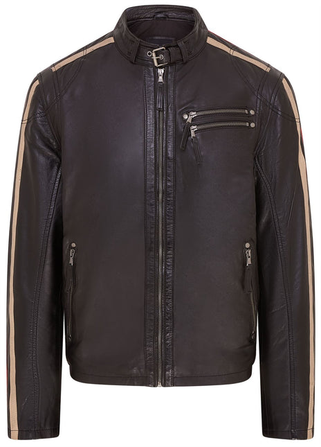 Mens Black Cafe Racer Striped Leather Jacket Vintage Biker Motorcycle Jacket