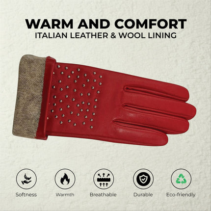 Womens Red Italian Leather Winter Studded Design Soft Wool Lining Gloves - L-GLV-601