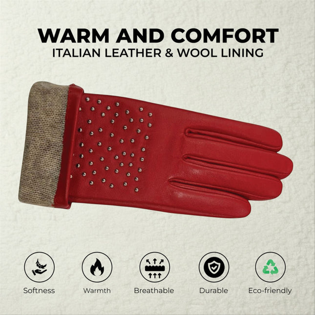 Womens Red Italian Leather Winter Studded Design Soft Wool Lining Gloves - L-GLV-601