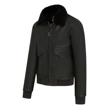 Mens Dark Green Leather Aviator Bomber Jacket - Lunar