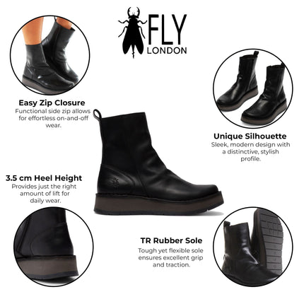 Fly London Womens Black Reno053Fly Leather Zip Up Platform Comfort Ankle Boots