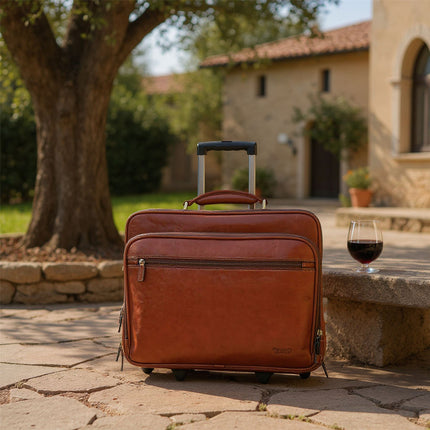 Genuine Leather Tan Wheel Laptop Briefcase Travel Cabin Pilot Bag - Nomad