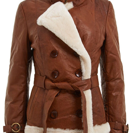 Womens Tan Double Breasted Sheepskin Aviator Jacket-Leshan