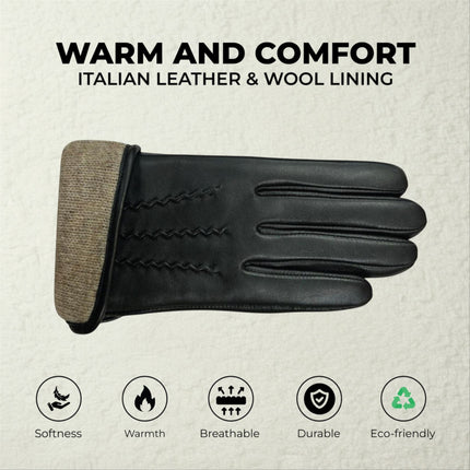 Womens Black Italian Leather Winter Stitch Line Design Soft Wool Lining Gloves - L-GLV-301