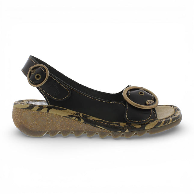 Fly London Women's TRAM723FLY Black Leather Wedge Sandals