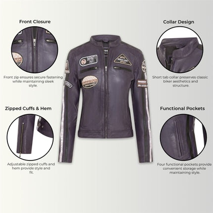 Womens Biker Racing Badges Purple Leather Jacket-Eastleigh