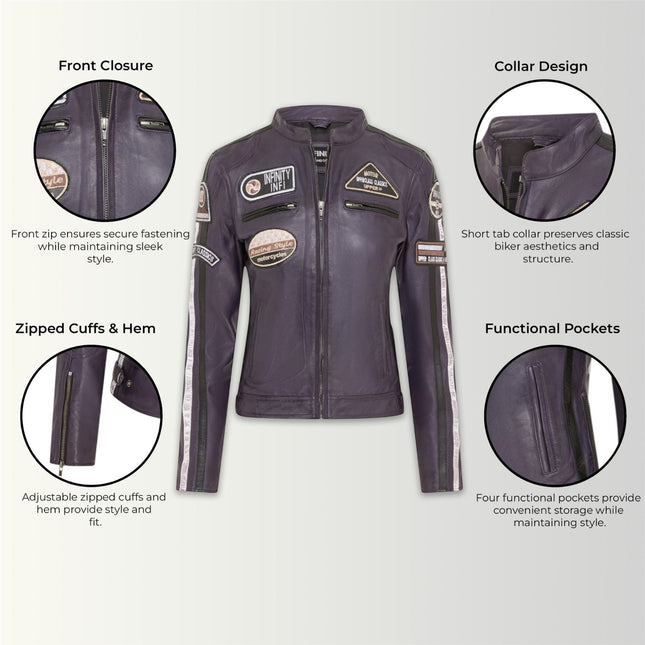 Womens Biker Racing Badges Purple Leather Jacket-Eastleigh