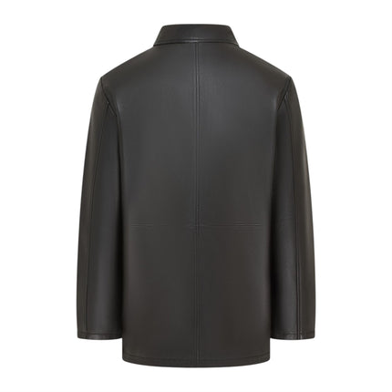 Men's Black Leather Long Collared Car Coat Jacket - Berry