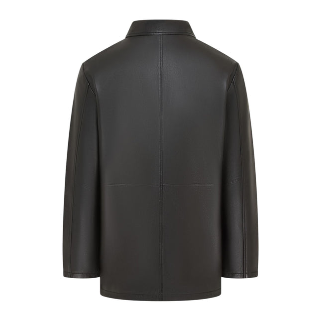 Men's Black Leather Long Collared Car Coat Jacket - Berry
