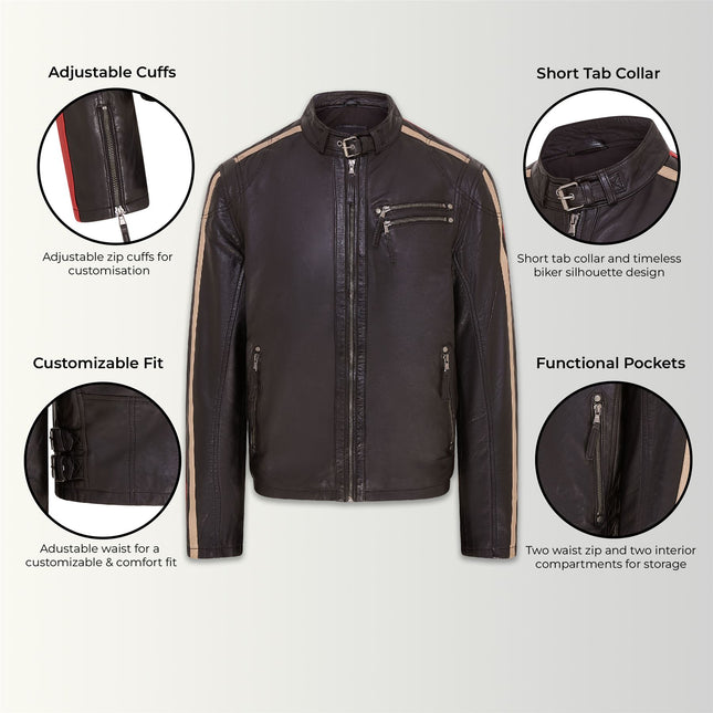 Mens Black Cafe Racer Striped Leather Jacket Vintage Biker Motorcycle Jacket