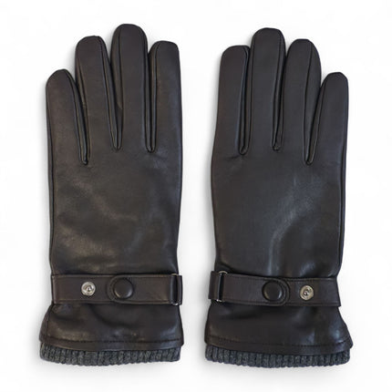 Men's Brown Italian Leather Warm Wool Lining Winter Knit Rib Gloves - M-LGV-105