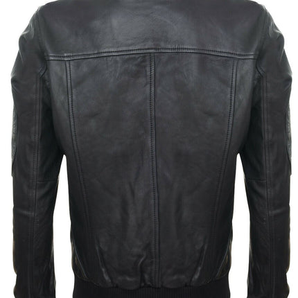 Black Leather Air Force Bomber Jacket with Detachable Collar - Valletta