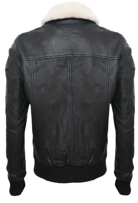 Black Leather Air Force Bomber Jacket with Detachable Collar - Valletta