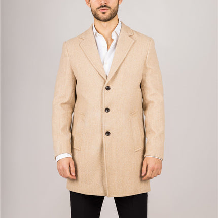 Men's Notched Lapel Collar Wool Blend Beige Overcoat